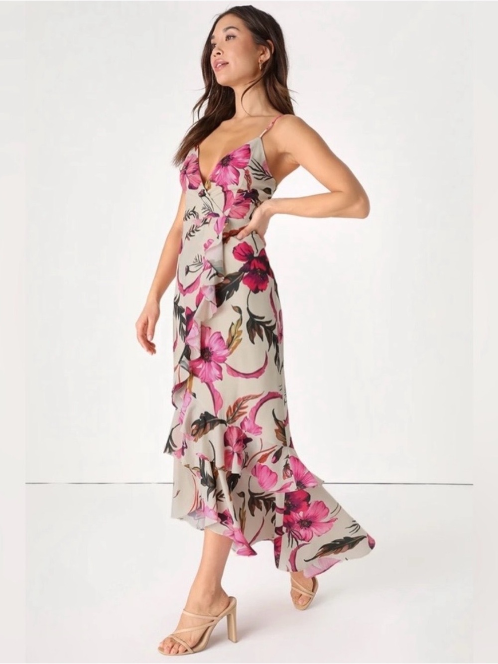 Lulu's Cream Ruffled Maxi Dress with Hot Pink Floral Print